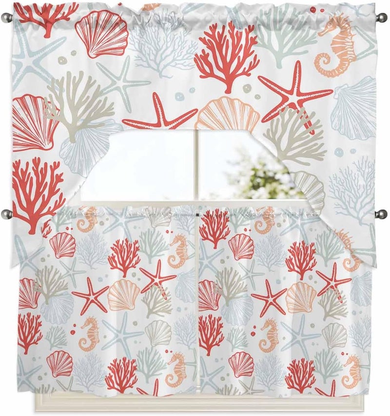 Jolunifun Ocean Orange Red Swag Kitchen Curtain Sets with Valance,3 Pieces Coastal Starfish Coral Shell Marine Curtain Drapes Rod Pocket for Bedroom Bathroom Cafe Windows,56''x36'' & 24''x27.5''x2Panels - Image 1